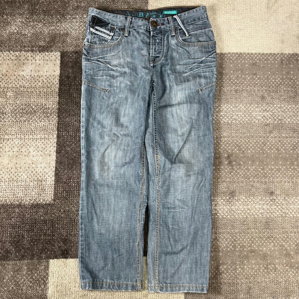 River Island Mens Blue Bootcut Jeans Denim Pants Size 29 Whiskering Boho